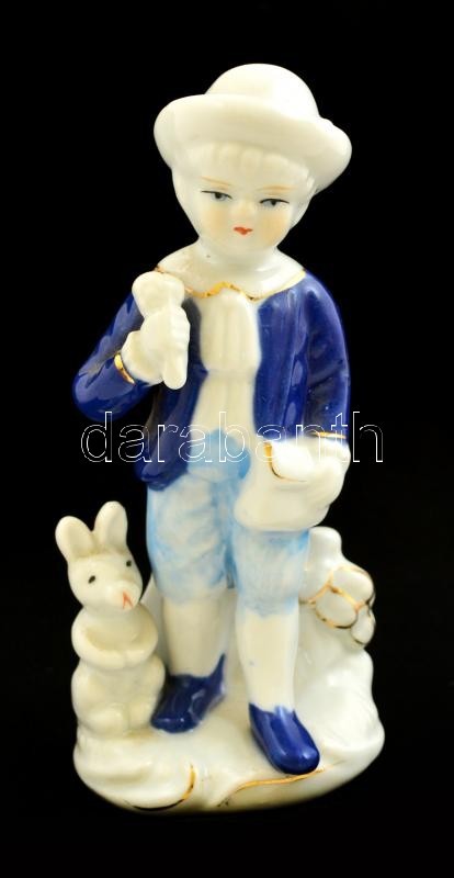 Kisfiú Nyuszival, Porcelán Figura, Jelzetlen, Kézzel Festett, Gyári Repedéssel, M: 13 Cm - Sonstige & Ohne Zuordnung