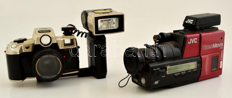 Olympia Filmes Automata Fényképezőgép Külső Vakuval és JVC GR-45 Videokamera Akkumulátor Nélkül - Fotoapparate