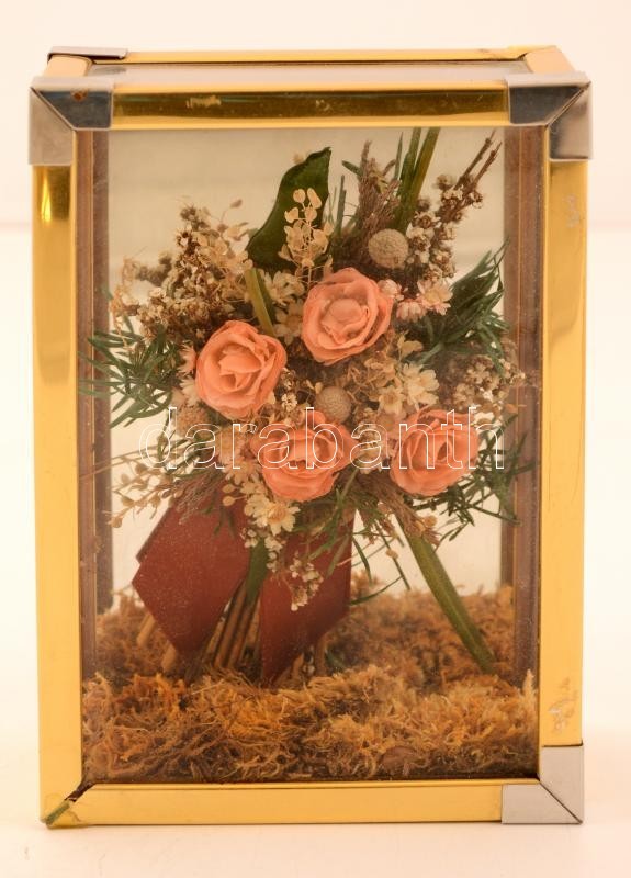 Művirág üveg Vitrinben, Asztali Dísz, Az Egyik Sarka Hiányos, 18,5×13×6 Cm - Sonstige & Ohne Zuordnung