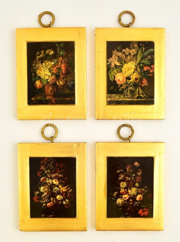4 Db Virágos Nyomat, Aranyszínű Fa Alapon, 19x14,5 Cm - Sonstige & Ohne Zuordnung