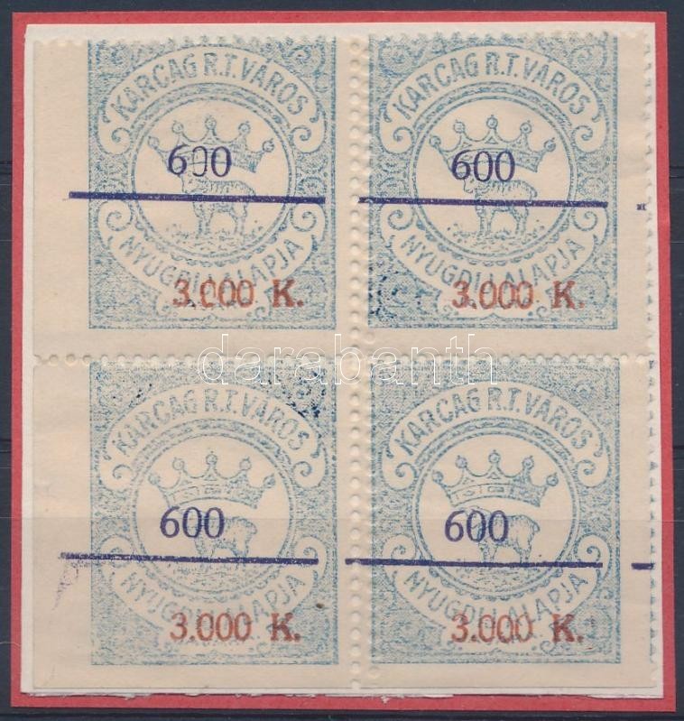 1925 Karcag R.T.V. Okirati 53 Sz. Illetékbélyeg ívsarki Négyestömbben (5.100) - Ohne Zuordnung