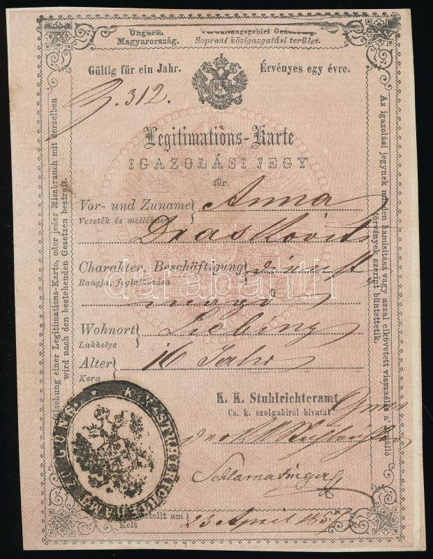 1857 Soproni Közigazgatási Terület Igazolási Jegy 6kr Okmánybélyeggel / Bilingual ID - Ohne Zuordnung