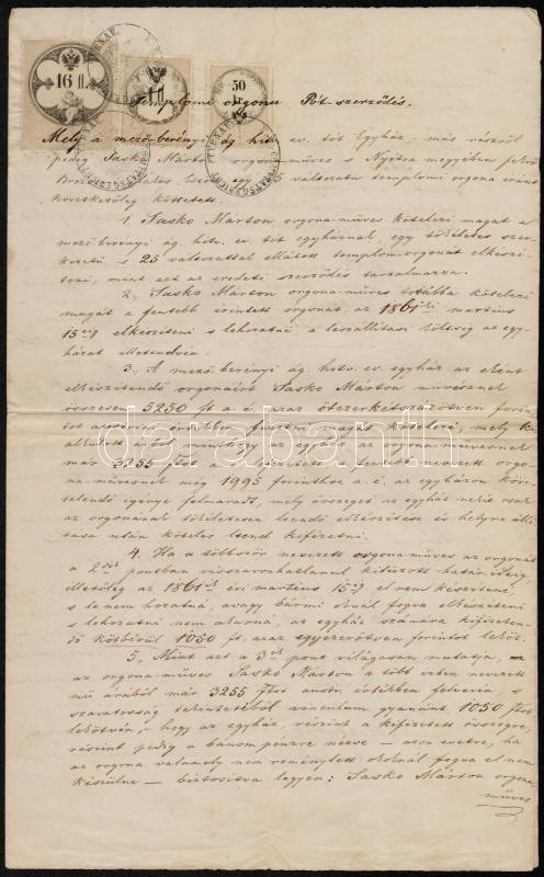 1860 Mezőberény Templomi Orgona Pótszerződés 1858-as Réznyomású 16fl, 1fl és 50kr Okmánybélyegekkel / Agreement With Fis - Ohne Zuordnung