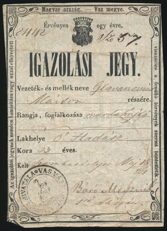 1861 Óhadászi Marhahajtó Igazolási Jegye / Id For Althodis Peasant - Ohne Zuordnung