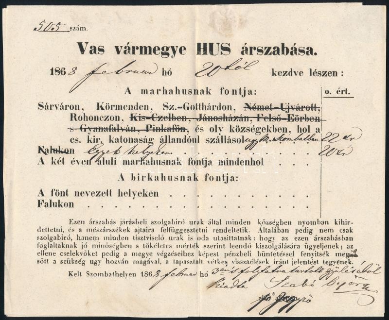 1868 Vas Megyei Hús árszabás, Főjegyző Aláírásával, Pecséttel, 17x21 Cm - Ohne Zuordnung