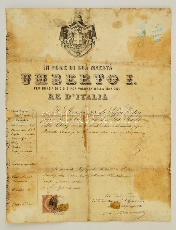 1882 Amerikai Utazásra Szóló Olasz útlevél, Restaurált, Okmánybélyeggel /

Italian Passport Issued To A Peasant, Valid F - Unclassified