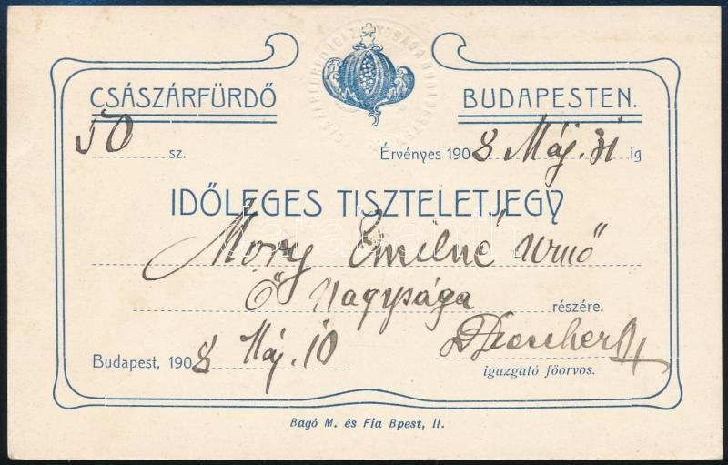 1908 Budapest, Császárfürdő, Időleges Tiszteletjegy, Szárazpecséttel, Bagó M. és Fia, 8x12 Cm - Ohne Zuordnung