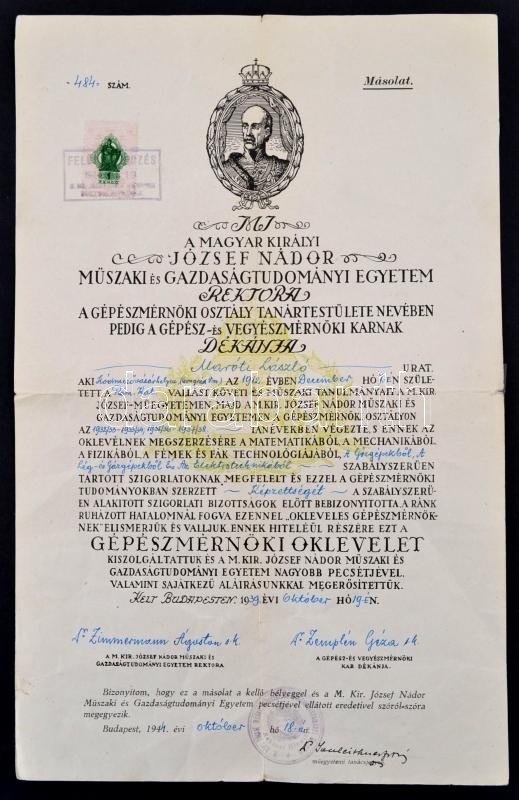 1939 Gépészmérnöki Diploma Korabeli Hiteles Másolata - Ohne Zuordnung