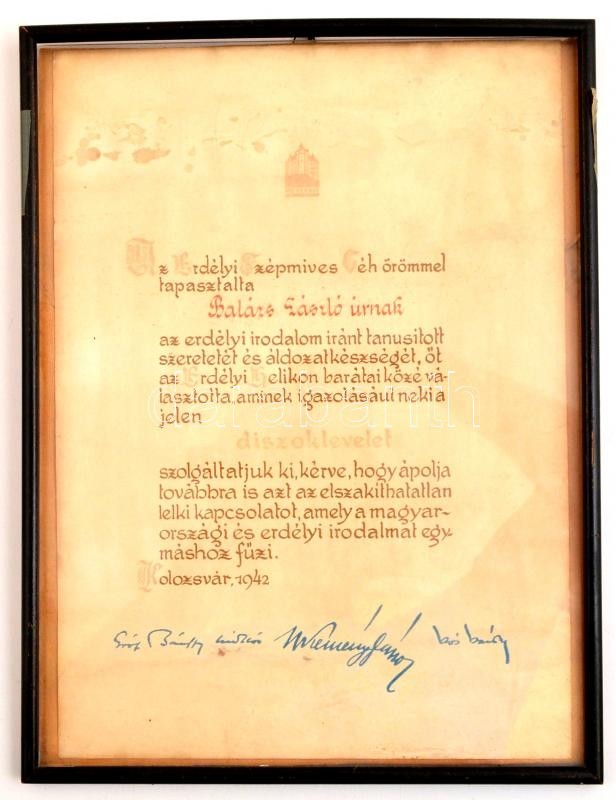 1942 Kolozsvár, Az Erdélyi Szépmíves Céh által Ajándékozott Díszoklevél, Nyomtatott Aláírásokkal, Kifakult állapotban, ü - Non Classés
