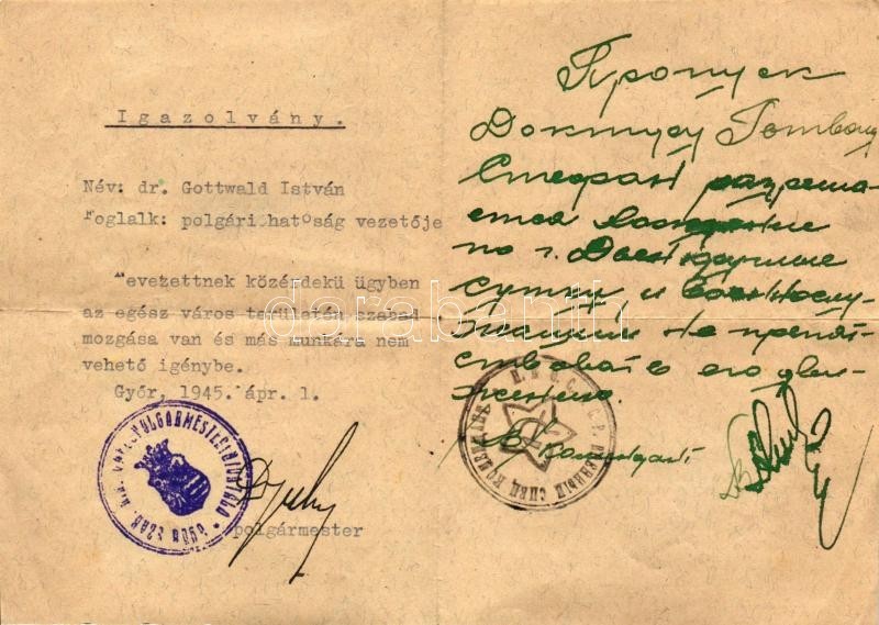 1945 Győr, A Polgármester (Dr Velsz Aladás) által Aláírt Szabad Mozgásra Jogosító Magyar-orosz Kétnyelvű Igazolvány / Hu - Ohne Zuordnung