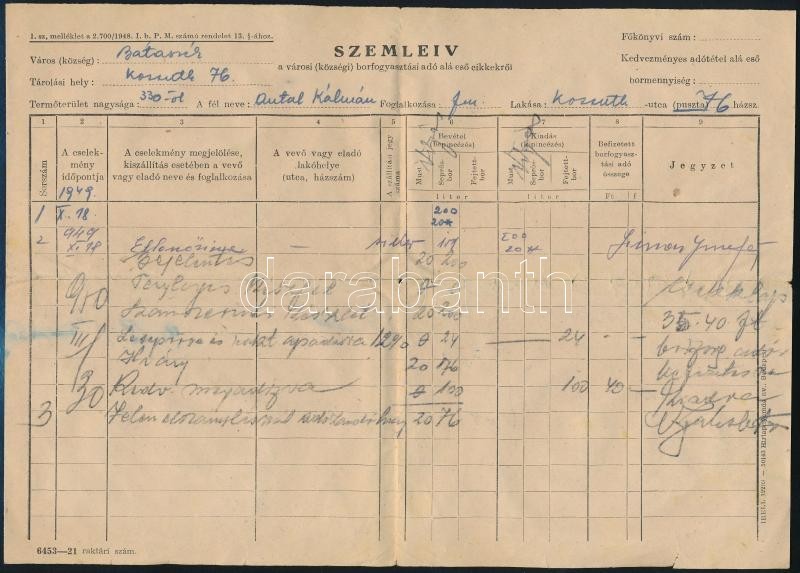 1949 Kitöltött Borfogyasztási Adó Szemleív - Ohne Zuordnung