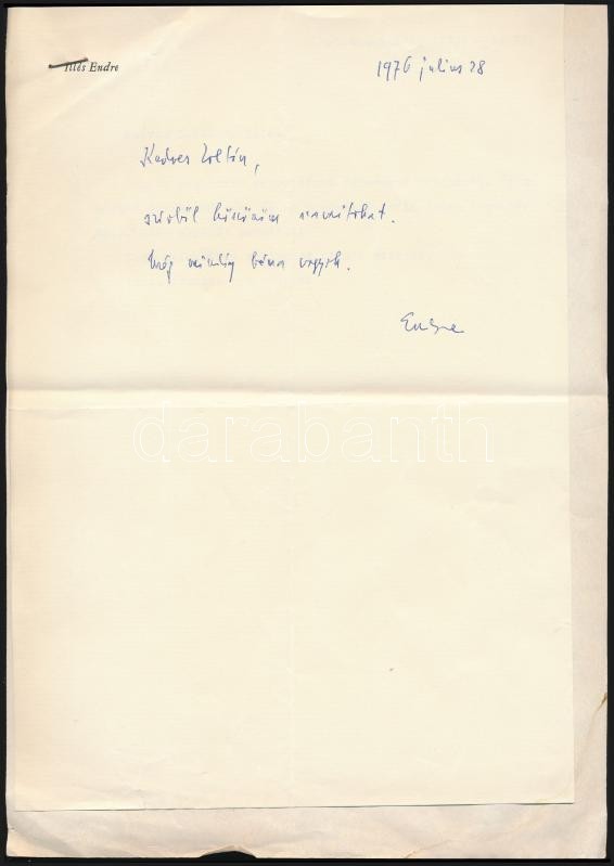 1976 Illés Endre (1902-1986) Drámaíró, Könyvkiadó Igazgató Saját Kézzel írt Levele Vas Zoltán (1903-1983) író, 56-os áll - Ohne Zuordnung