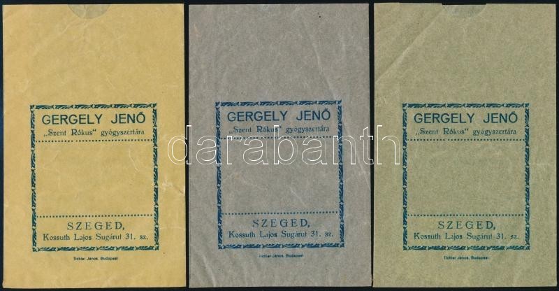 Cca 1920 Gergely Jenő 'Szent Rókus' Gyógyszertára, 3 Db Gyógyszeres Reklámtasak, 13x8,5 Cm - Werbung