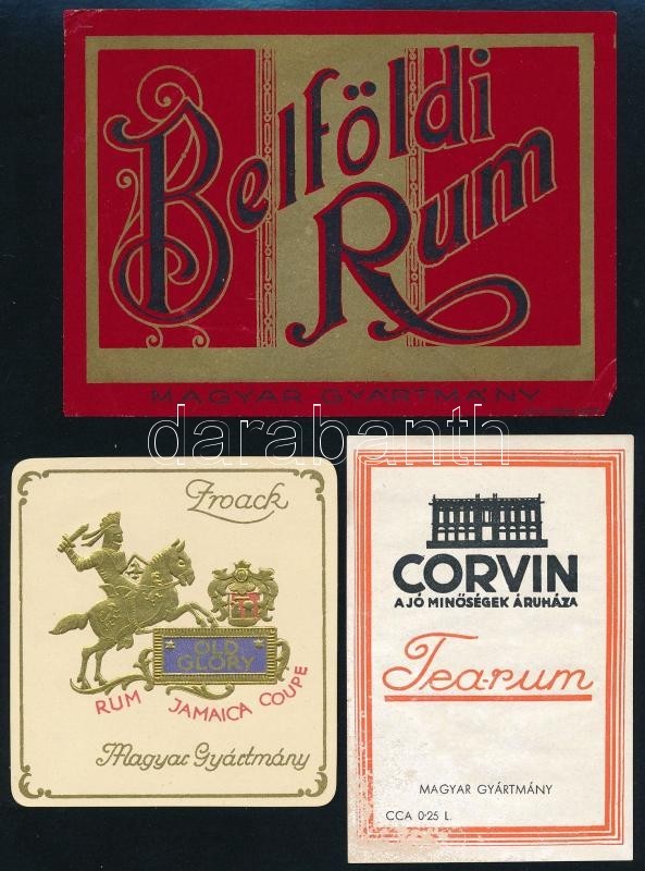 Cca 1910-1930 3 Db Rum Italcímke: Belföldi Rum, Old Glory, Corvin Áruház Tea-rum, 7x6,5 és 8x11 Cm Közti Méretben - Werbung