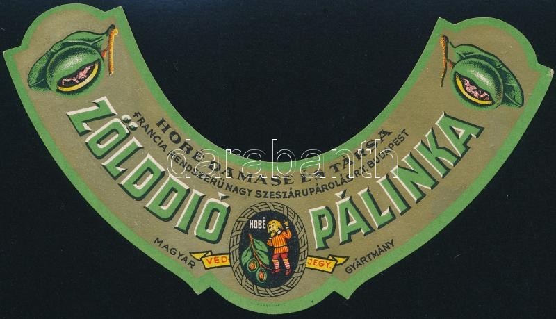 Cca 1920 Hobé Damase és Társa Zölddió Pálinka Italcímke, Globus, Litho, 4x16,5 Cm - Werbung