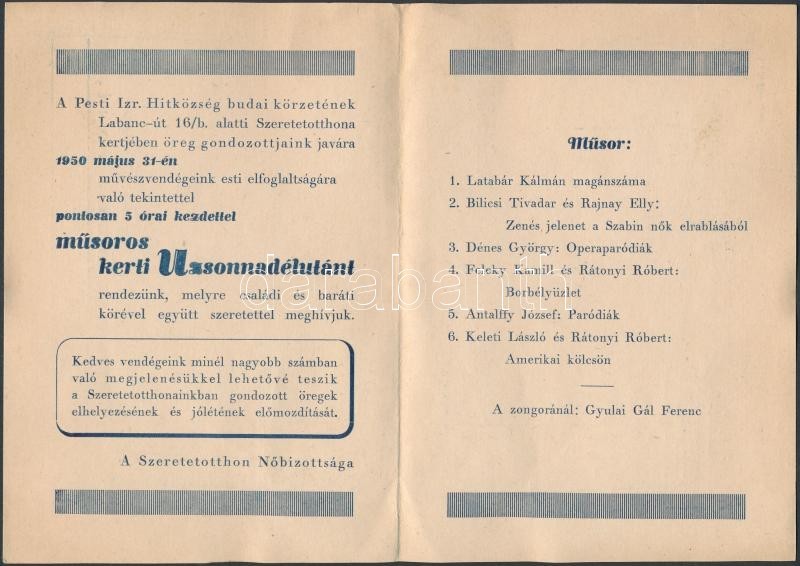 1950 Budai Izraelita Aggok és árvák II. Labanc úti Intézményének Meghívója - Sonstige & Ohne Zuordnung