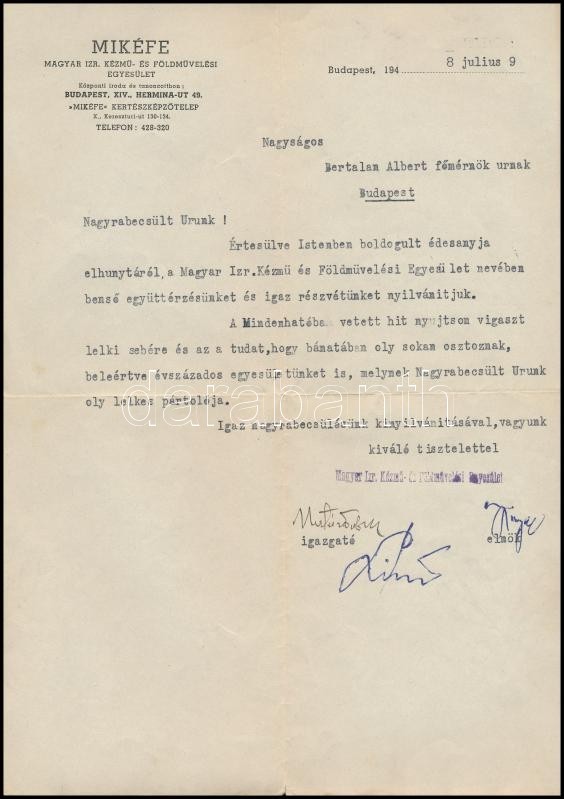 1948 Magyar Izraelita Kézmű- és Földművelési Egyesület (MIKÉFE) Levele Bertalan Albert Főmérnöknek, Pecséttel, Az Egyesü - Sonstige & Ohne Zuordnung