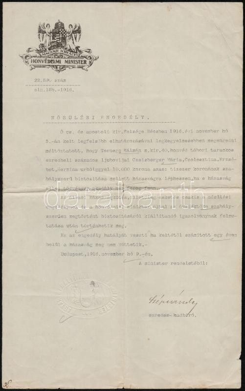 1916 Díszes Nősülési Engedély Honvédelmi Minisztertől - Sonstige & Ohne Zuordnung