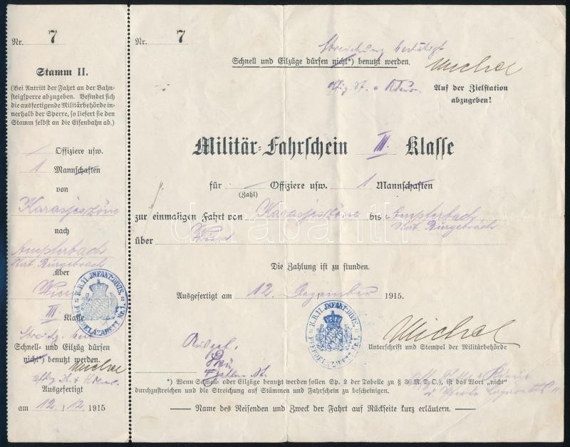 1915 Wien (Bécs), Katonai Utazási Igazolvány, Pecséttel, Szelvénnyel - Sonstige & Ohne Zuordnung