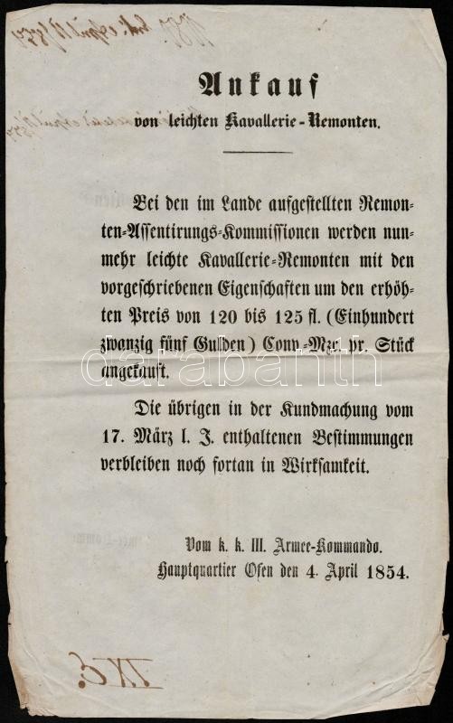 1854 Német Nyelvű Hirdetmény Katonai Lóvásárlás Tárgyában, 36,5x23 Cm - Sonstige & Ohne Zuordnung