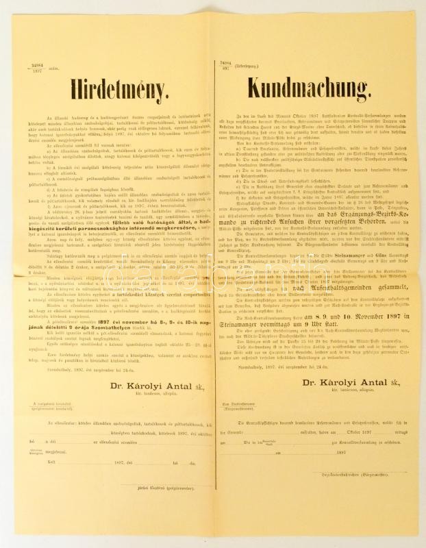 1897 Szombathely, Hirdetmény, állandó Hadsereg és Haditengerészet Katonai Szemléjéről, Magyar és Német Nyelven, Kitöltet - Sonstige & Ohne Zuordnung