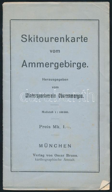 Skitourenkarte Vom Ammergebirge, 1:100.000, München, Oscar Brunnm, A Térkép Hátoldala Foltos, 30x43 Cm. - Sonstige & Ohne Zuordnung