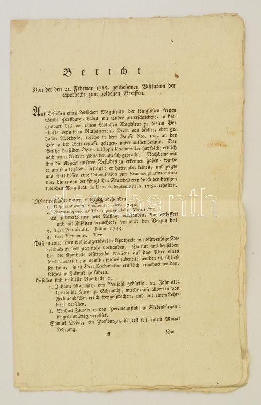 1785 Pozsonyi (Arany Kötél) Patika Nyilvános árverésének Részletes Hirdetménye / Detailed Announcement For An Open Aucti - Ohne Zuordnung