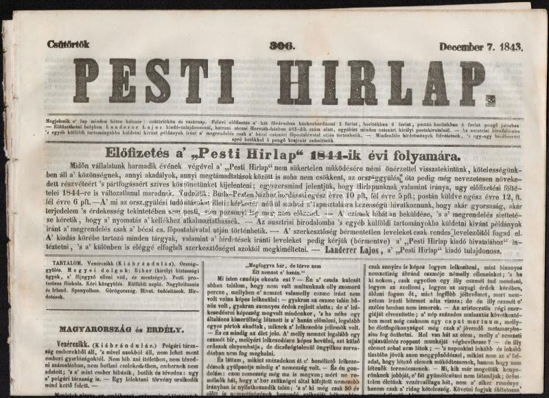 1843 Pesti Hírlap 1843. December 7. 306. Szám, 835-842. P. Kiadja Landerer Lajos, Szerkeszti Kossuth Lajos. Korabeli Rek - Ohne Zuordnung