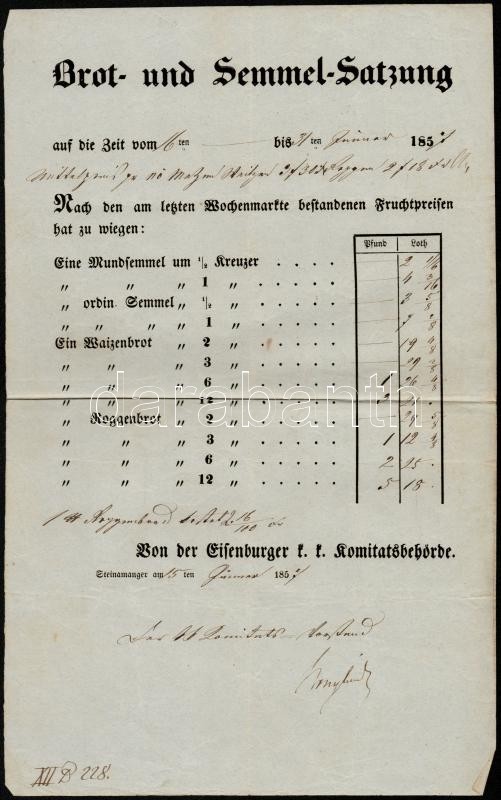 Cca 1850 Vas Megye Zsemle és Kenyér árszabály Hirdetmény, Német Nyelven, 33,5x21 Cm - Ohne Zuordnung