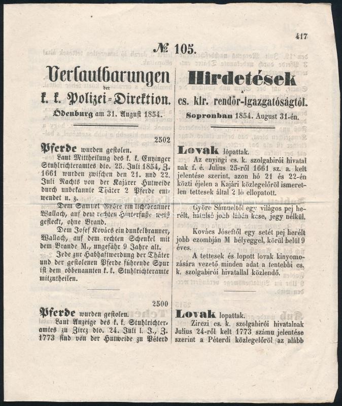 1854 Sopron, Hirdetések Cs. Kir. Rendőr Igazgatóságtól, Benne Különféle Bűncselekmények Leírása, Kétnyelvű, 4 P. - Ohne Zuordnung