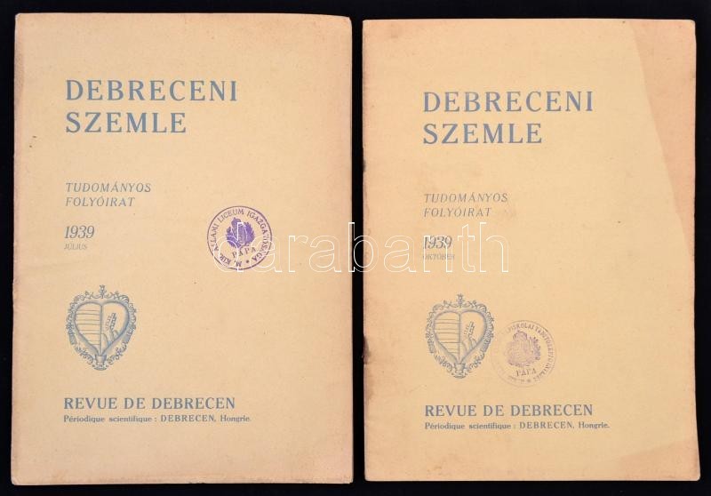1939 Debreceni Szemle XIII. évf. 134.,137. Számok, 1939. Július, Október. Papírkötésben. - Ohne Zuordnung