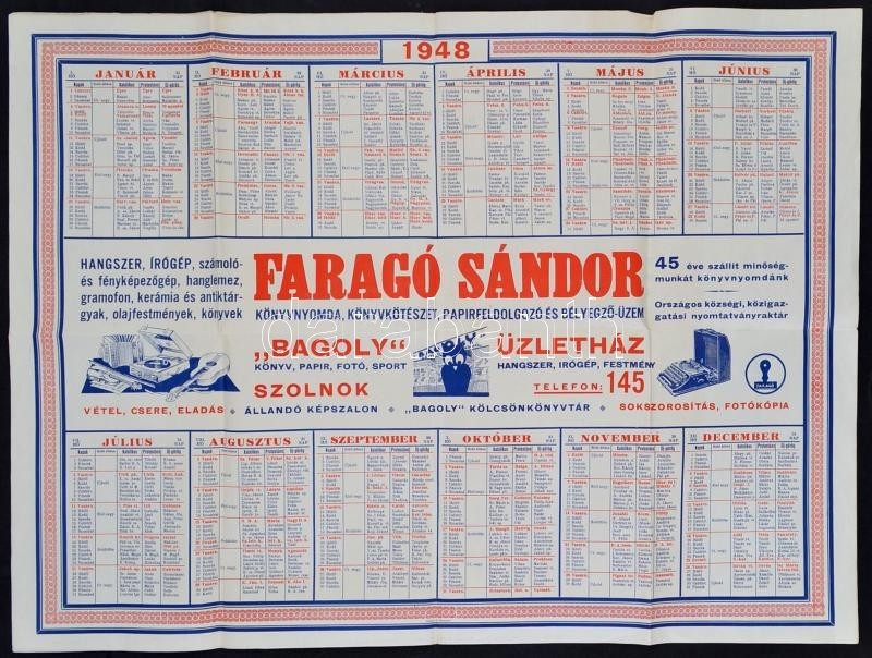 1948 Szolnok, Faragó Sándor Nyomda Nagyméretű Reklám Naptár + Illeték Díszabás.  63x45 Cm - Ohne Zuordnung