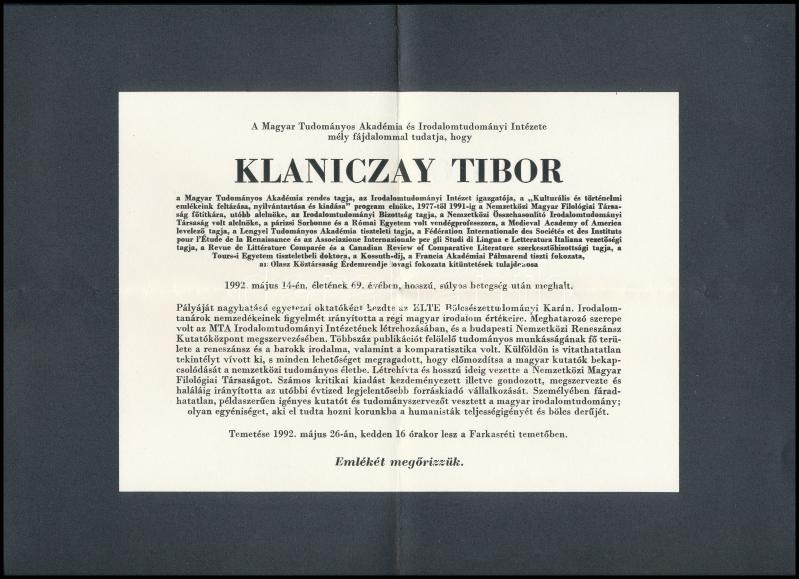 1992 Klaniczay Tibor (1923-1992) Kossuth-díjas Irodalomtörténész, MTA Tag Halálozási értesítője. - Ohne Zuordnung