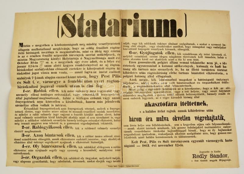 1863 Statáriumot Kihirdető Plakát 63x40 Cm - Sonstige & Ohne Zuordnung