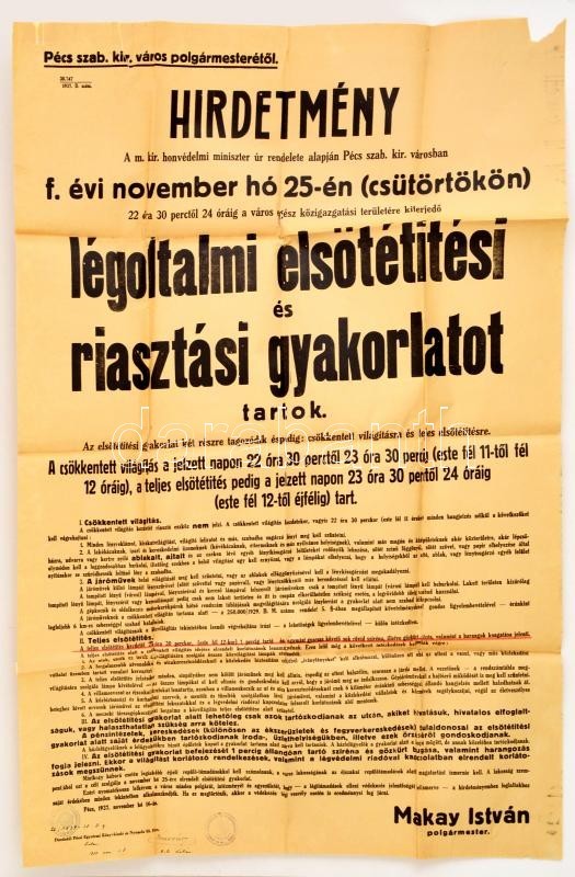 1937 Pécs, Légoltalmi Hirdetmény. Hátoldalán Hajtásoknál Megerősített. 62x92 Cm - Sonstige & Ohne Zuordnung