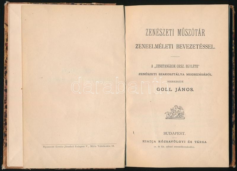 Goll János: Zenészeti Műszótár Zeneelméleti Bevezetéssel. A 'Zenetanárok Orsz. Egylete' Zenészeti Szakosztálya Megbízásá - Ohne Zuordnung