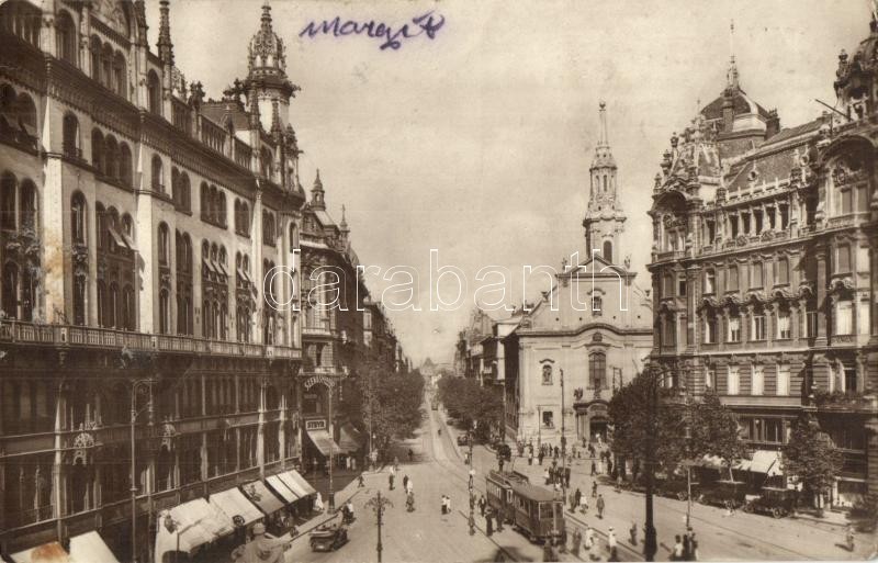 * T4 Budapest V. Apponyi Tér (Ferenciek Tere), Kossuth Lajos Utca, Templom, Villamos, Automobil, Szénásy, Steyr üzletei  - Ohne Zuordnung