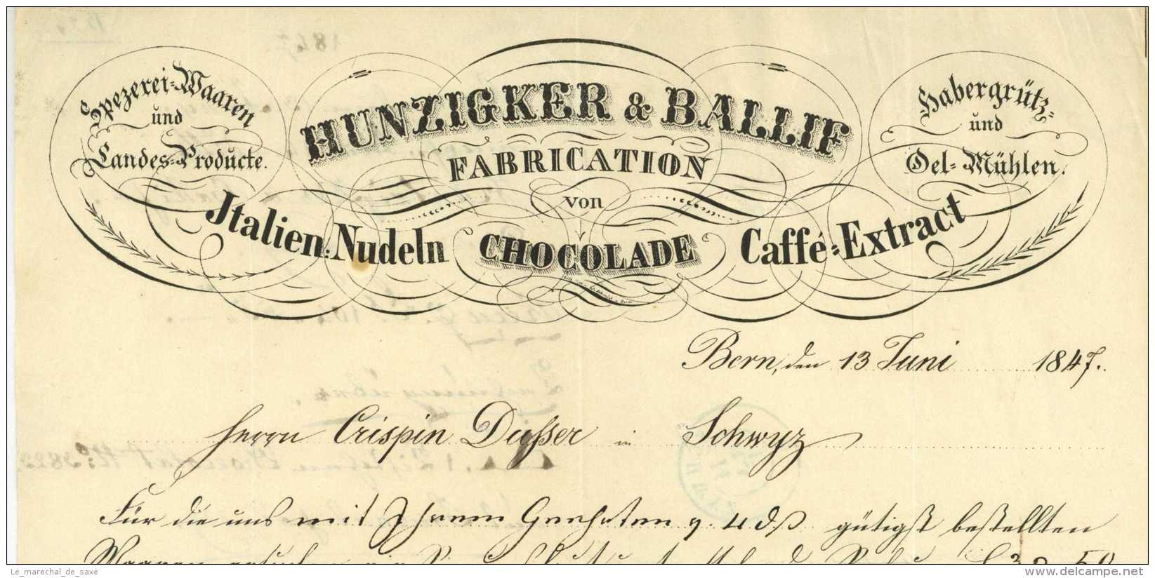 Schweiz Bern 1847 Hunzigker &amp; Ballif Spezialitäten Schokolade Italien-Nudeln Kaffee Dusser Schwyz - Zwitserland