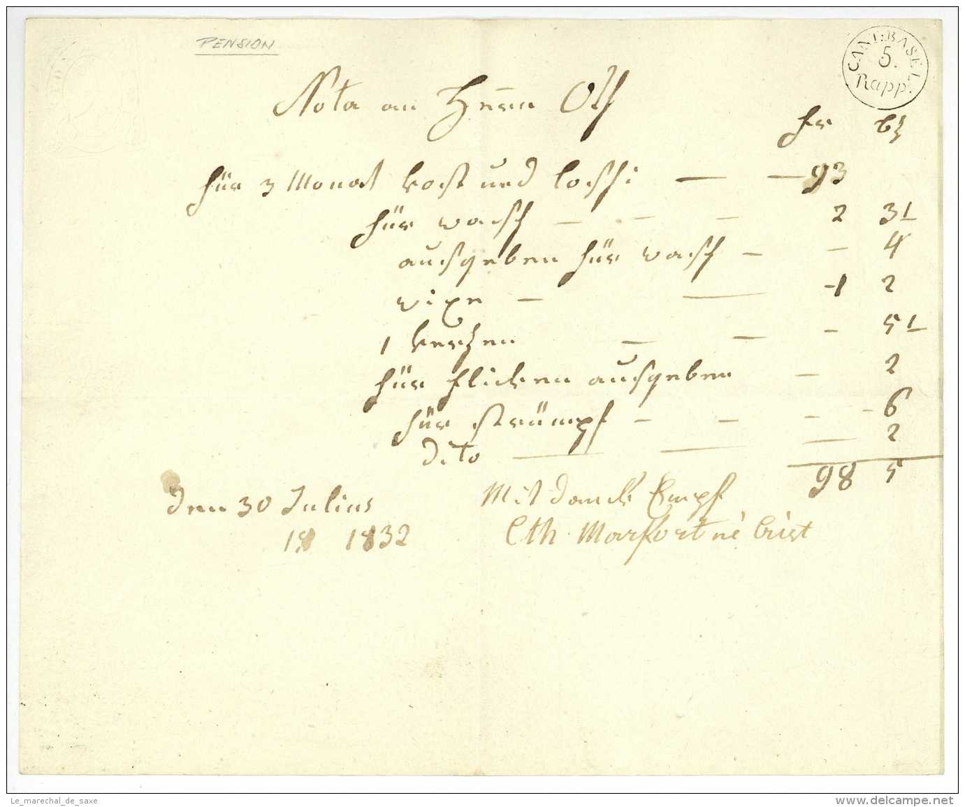 Schweiz 1832 BASEL Pensionsrechnung Markort Für Den Jungen Herrn OTT Fiskalstempel - Svizzera