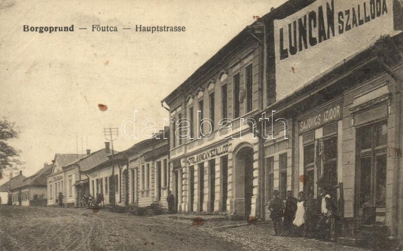 ** T3 Borgóprund, Prundu Bargaului; Fő Utca, Luncan Szálloda, Sajovics Izidor üzlete / Main Street, Hotel, Shop (kis Sza - Ohne Zuordnung