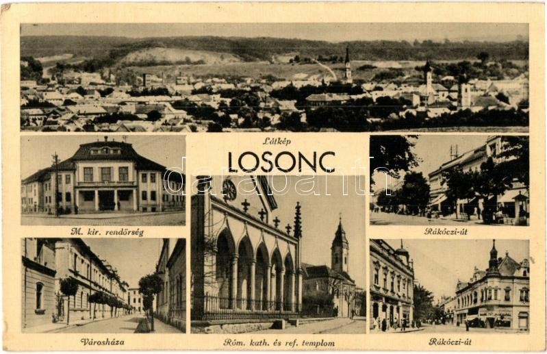 T2/T3 Losonc, Lucenec; Rendőrség, Városháza, Rákóczi út, Római Katolikus és Református Templomok / Police Station, Town  - Non Classificati