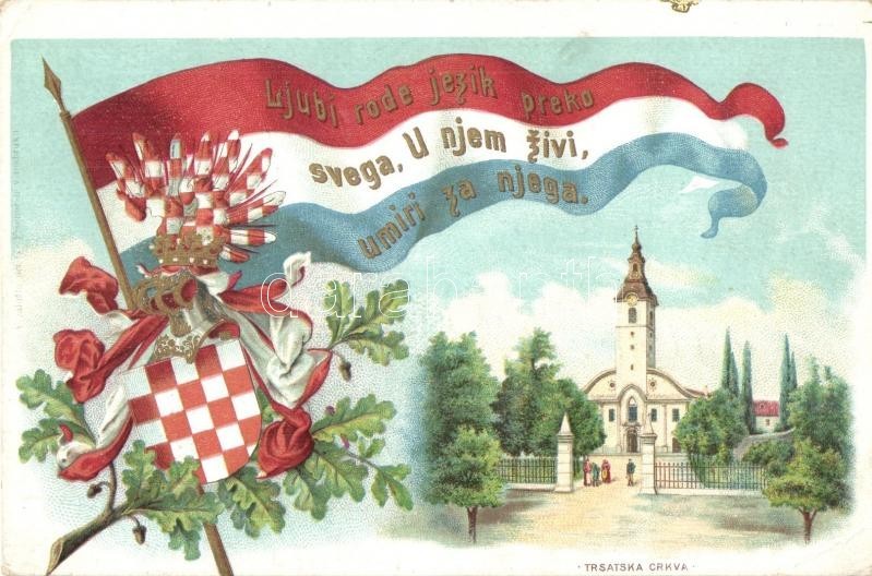 T2/T3 Fiume, Rijeka; Trsatska Crkva / Church. Croatian Flag And Coat Of Arms. Litho  (EK) - Ohne Zuordnung