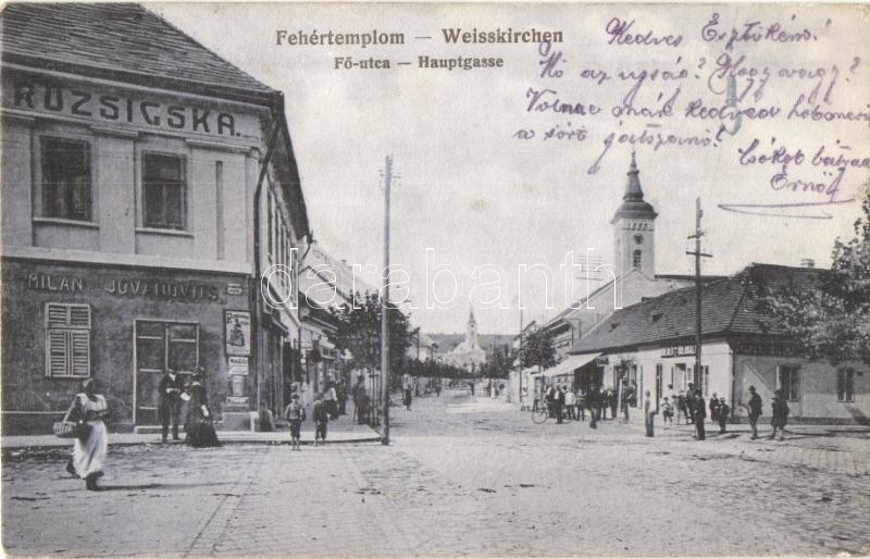 T2/T3 Fehértemplom, Ung. Weisskirchen, Bela Crkva; Fő Utca, Milan Jovanovits üzlete és Ruzsicska Szálloda, Templom / Mai - Ohne Zuordnung