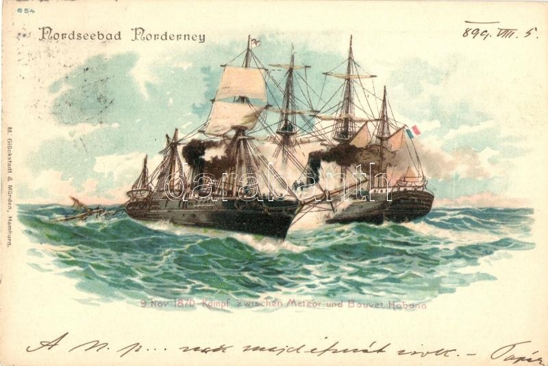 T2 1899 Nordseebad Norderney, Kampf Zwischen Meteor Und Bouvet. Habana / Navy Battle Of Meteor And Bouvet In 1870. Litho - Ohne Zuordnung