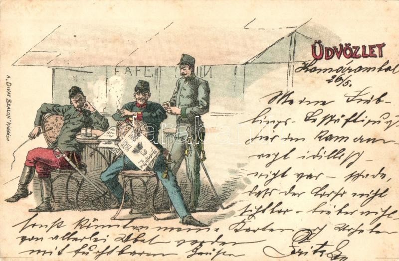 T2 1899 Magyar Honvéd Huszárok; Üdvözlet, A Divat Szalon Kiadása / Hungarian Soldiers 'Grüss Aus...' Litho - Ohne Zuordnung