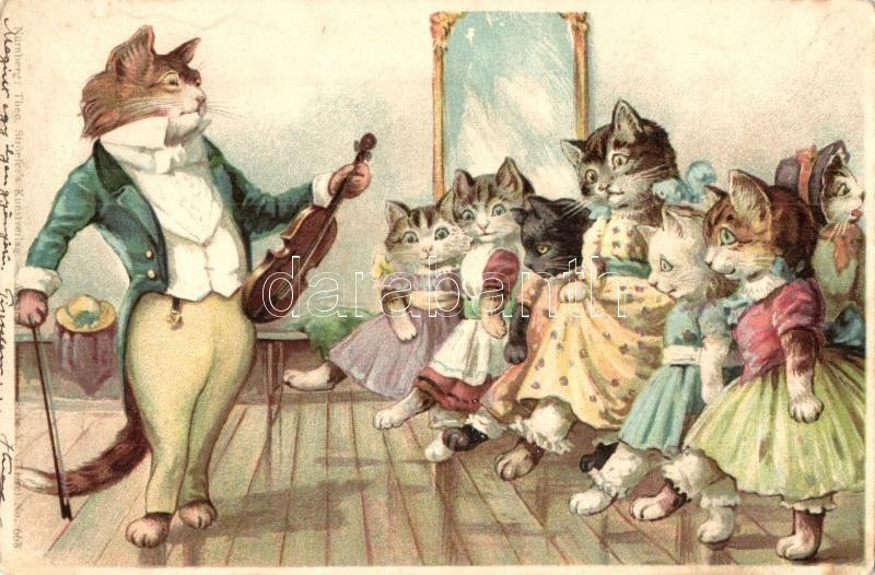 T2/T3 1899 Cat Dance Class With Violinist. Theo. Stroefer's Kunstverlag Aquarell-Postkarte Serie V. (Tiere) No. 668. Lit - Ohne Zuordnung