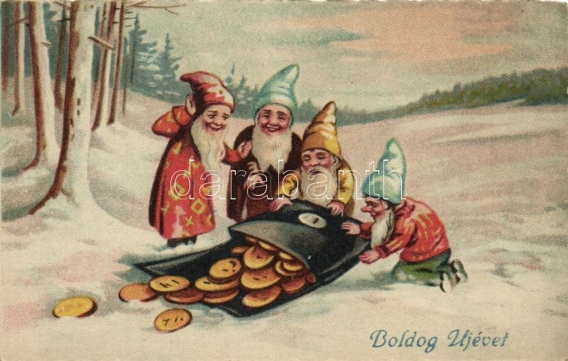** T2/T3 Dwarves With A Purse Of Coins, New Year Greeting Card, Litho (EK) - Ohne Zuordnung