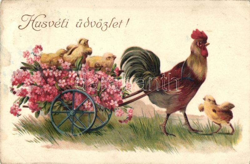 T2/T3 Húsvéti üdvözlet / Easter Greeting Card, Rooster With Chickens In The Cart. EAS 5653. Litho (EK) - Ohne Zuordnung