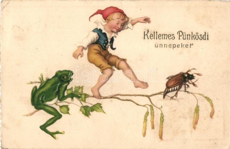 T4 Kellemes Pünkösdi Ünnepeket! / Pentecost Greeting Card, With Boy, Frog And Chafer. Litho (ázott / Wet Damage) - Ohne Zuordnung
