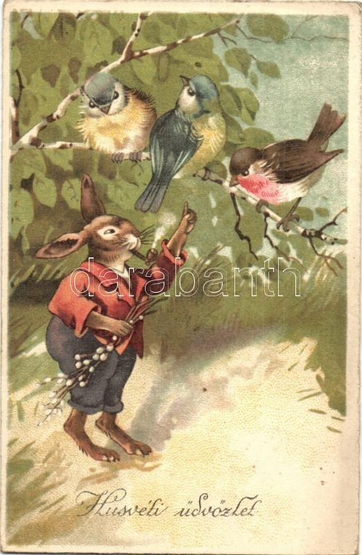 T2/T3 Húsvéti üdvözlet / Easter Greeting Card With Pipe Smoking Rabbit And Birds. Litho (EK) - Ohne Zuordnung